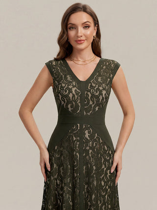 Strapless Deep V-Neck Contrast Color A-Line Midi Wedding Guest Dresses