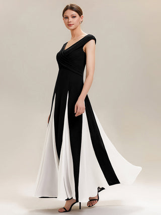 Short Sleeve V-Neck High Stretch A-Line Floor Length Wedding Guest Dresses