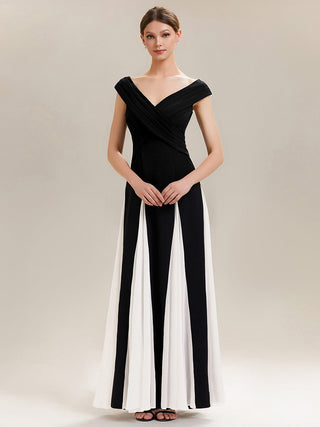 Short Sleeve V-Neck High Stretch A-Line Floor Length Wedding Guest Dresses
