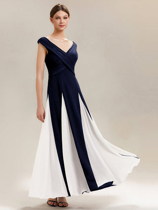 Short Sleeve V-Neck High Stretch A-Line Floor Length Wedding Guest Dresses