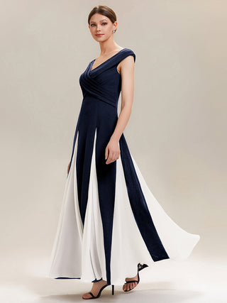 Short Sleeve V-Neck High Stretch A-Line Floor Length Wedding Guest Dresses