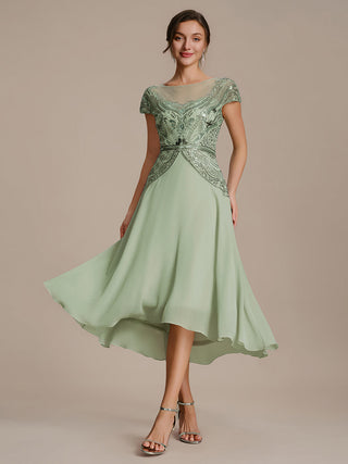 Short Sleeves High Stretch Sequin Boat Neck A-Line High-low Wedding Guest Dresses