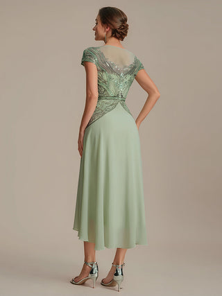 Short Sleeves High Stretch Sequin Boat Neck A-Line High-low Wedding Guest Dresses
