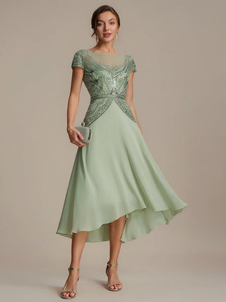 Short Sleeves High Stretch Sequin Boat Neck A-Line High-low Wedding Guest Dresses