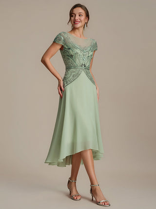 Short Sleeves High Stretch Sequin Boat Neck A-Line High-low Wedding Guest Dresses