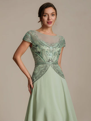 Short Sleeves High Stretch Sequin Boat Neck A-Line High-low Wedding Guest Dresses