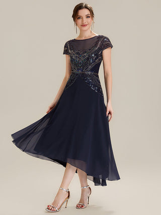 Short Sleeves High Stretch Sequin Boat Neck A-Line High-low Wedding Guest Dresses