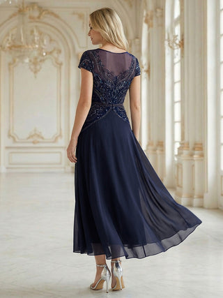 Short Sleeves High Stretch Sequin Boat Neck A-Line High-low Wedding Guest Dresses