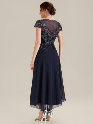 Short Sleeves High Stretch Sequin Boat Neck A-Line High-low Wedding Guest Dresses