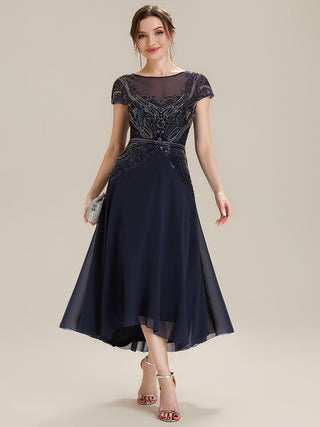 Short Sleeves High Stretch Sequin Boat Neck A-Line High-low Wedding Guest Dresses