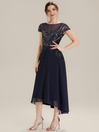 Short Sleeves High Stretch Sequin Boat Neck A-Line High-low Wedding Guest Dresses