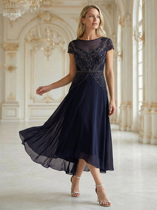 Short Sleeves High Stretch Sequin Boat Neck A-Line High-low Wedding Guest Dresses