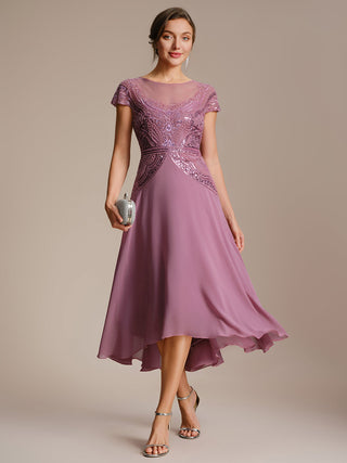 Short Sleeves High Stretch Sequin Boat Neck A-Line High-low Wedding Guest Dresses