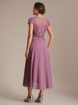 Short Sleeves High Stretch Sequin Boat Neck A-Line High-low Wedding Guest Dresses