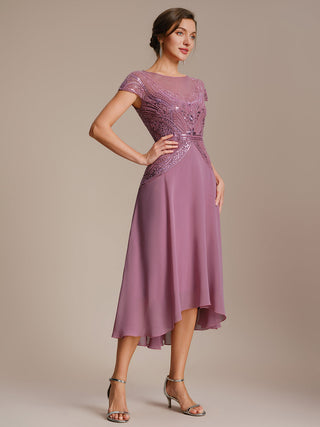 Short Sleeves High Stretch Sequin Boat Neck A-Line High-low Wedding Guest Dresses