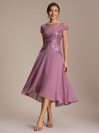 Short Sleeves High Stretch Sequin Boat Neck A-Line High-low Wedding Guest Dresses