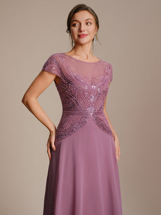 Short Sleeves High Stretch Sequin Boat Neck A-Line High-low Wedding Guest Dresses