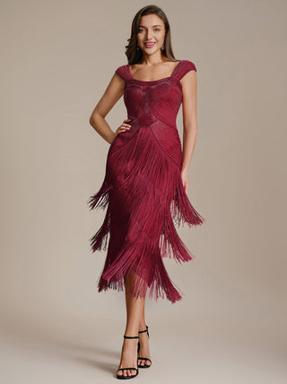 Strapless Sheath Midi Length Square Neck Beaded Wedding Guest Dress