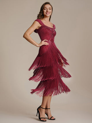Strapless Sheath Midi Length Square Neck Beaded Wedding Guest Dress