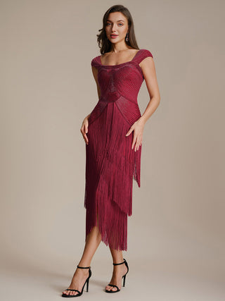 Strapless Sheath Midi Length Square Neck Beaded Wedding Guest Dress