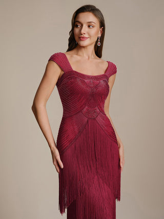 Strapless Sheath Midi Length Square Neck Beaded Wedding Guest Dress
