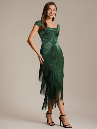 Strapless Sheath Midi Length Square Neck Beaded Wedding Guest Dress