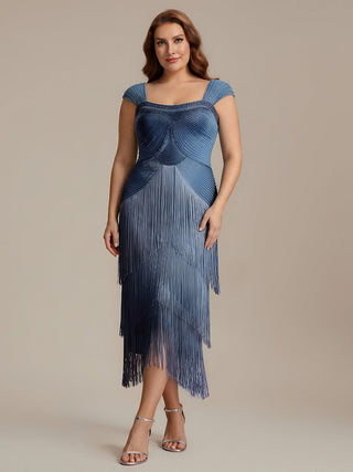 Strapless Sheath Midi Length Square Neck Beaded Wedding Guest Dress
