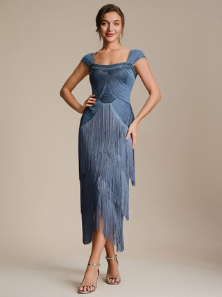 Strapless Sheath Midi Length Square Neck Beaded Wedding Guest Dress