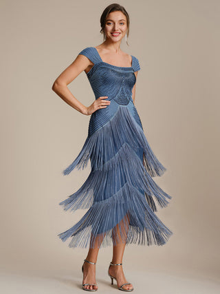 Strapless Sheath Midi Length Square Neck Beaded Wedding Guest Dress