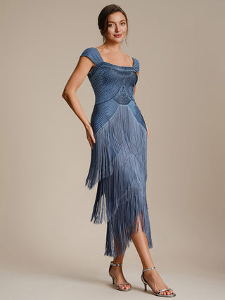 Strapless Sheath Midi Length Square Neck Beaded Wedding Guest Dress