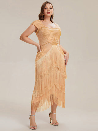 Strapless Sheath Midi Length Square Neck Beaded Wedding Guest Dress
