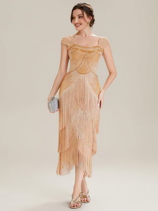 Strapless Sheath Midi Length Square Neck Beaded Wedding Guest Dress