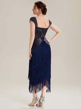 Strapless Sheath Midi Length Square Neck Beaded Wedding Guest Dress