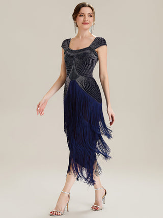 Strapless Sheath Midi Length Square Neck Beaded Wedding Guest Dress