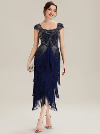 Strapless Sheath Midi Length Square Neck Beaded Wedding Guest Dress