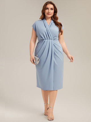 Short Sleeves Deep V-Neck Gathered Bodycon Midi Wedding Guest Dresses
