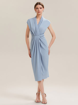 Short Sleeves Deep V-Neck Gathered Bodycon Midi Wedding Guest Dresses