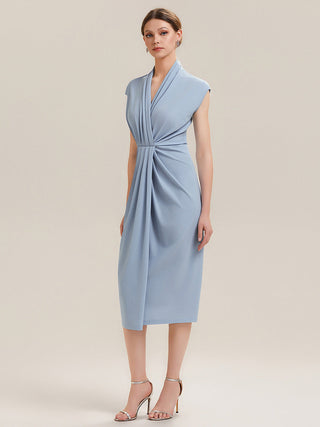 Short Sleeves Deep V-Neck Gathered Bodycon Midi Wedding Guest Dresses