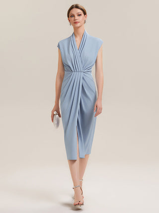 Short Sleeves Deep V-Neck Gathered Bodycon Midi Wedding Guest Dresses