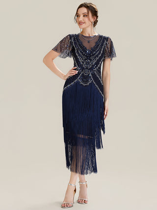 Short Sleeve Ruffle Sequin Round Neck Tiered Midi Wedding Guest Dresses