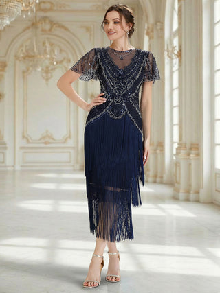 Short Sleeve Ruffle Sequin Round Neck Tiered Midi Wedding Guest Dresses