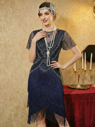 Short Sleeve Ruffle Sequin Round Neck Tiered Midi Wedding Guest Dresses