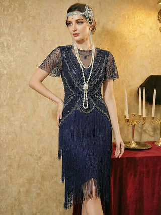 Short Sleeve Ruffle Sequin Round Neck Tiered Midi Wedding Guest Dresses