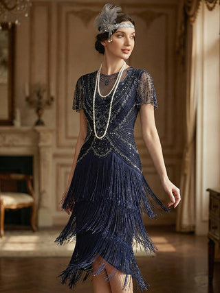 Short Sleeve Ruffle Sequin Round Neck Tiered Midi Wedding Guest Dresses