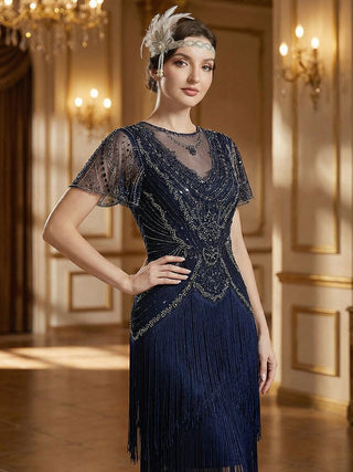 Short Sleeve Ruffle Sequin Round Neck Tiered Midi Wedding Guest Dresses
