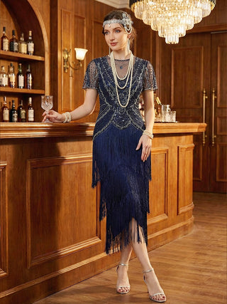 Short Sleeve Ruffle Sequin Round Neck Tiered Midi Wedding Guest Dresses