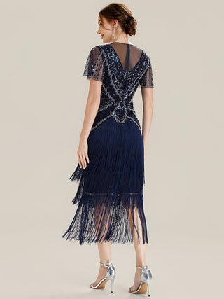 Short Sleeve Ruffle Sequin Round Neck Tiered Midi Wedding Guest Dresses