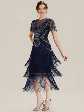 Short Sleeve Ruffle Sequin Round Neck Tiered Midi Wedding Guest Dresses
