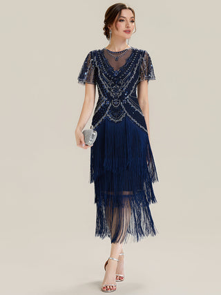 Short Sleeve Ruffle Sequin Round Neck Tiered Midi Wedding Guest Dresses