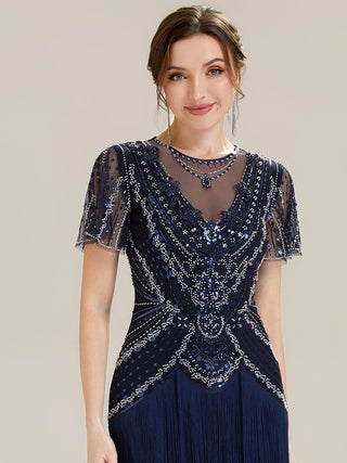 Short Sleeve Ruffle Sequin Round Neck Tiered Midi Wedding Guest Dresses